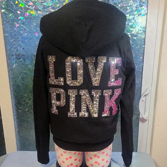 PINK Victoria's Secret Jackets & Blazers - Y2K Vintage VS Pink Black Fur Lined Silver Sequin Mega Bling Hoodie Jacket SZ:L